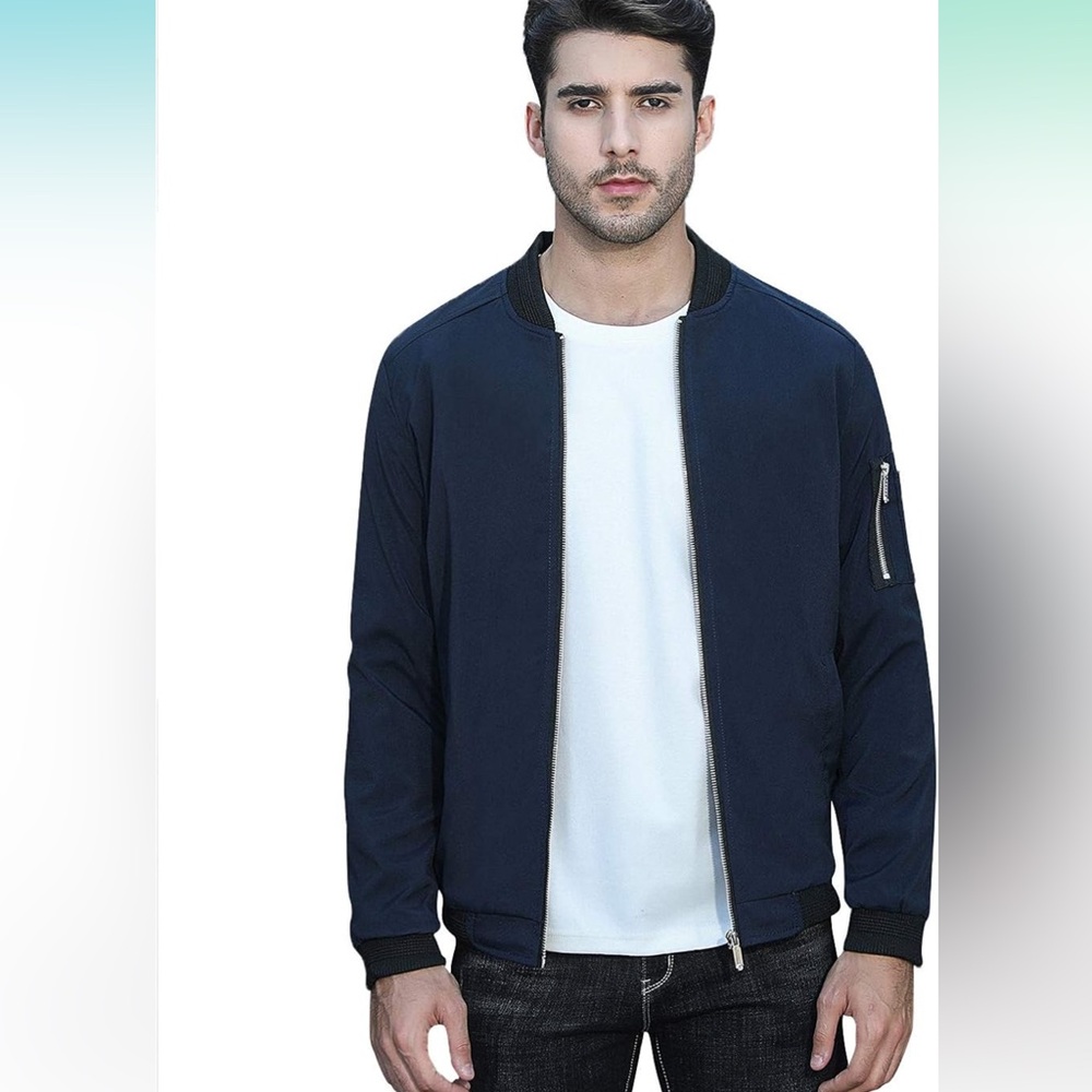 NWOT sandbank Navy Slim Fit Lightweight Softshell Flight Bomber Jacket Coat, L